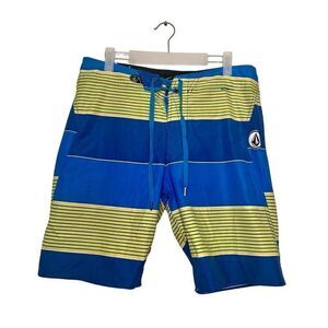Volcom Striped Two Way Stretch Pure Function Board Swim Shorts Blue Yellow Sz 32
